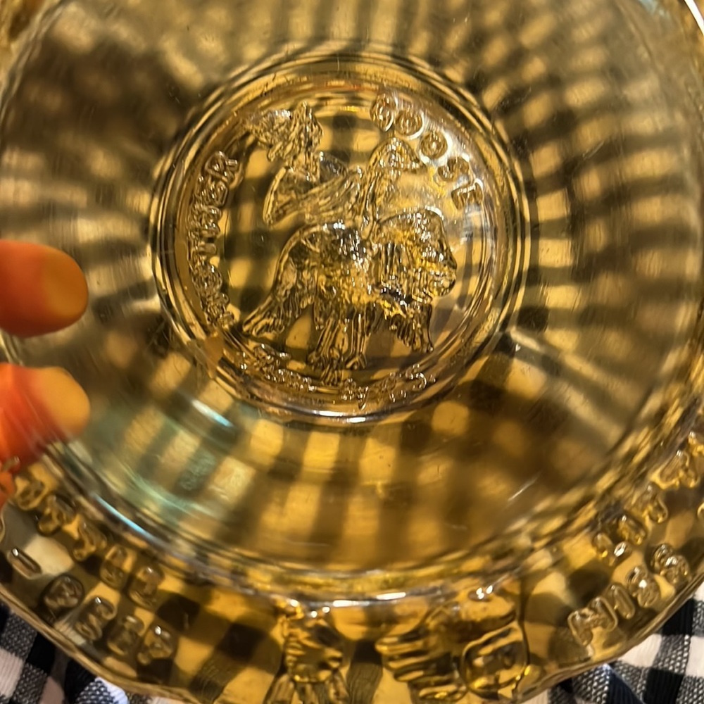 Vintage Baby Bowl Tiara R S Indiana amber glass, Mother Goose, kids nursery